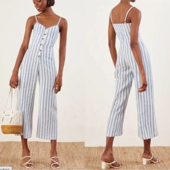 Reformation Torta Linen Blue Stripe Sleeveless Button Front Jumpsuit Size 10 - Picture 14 of 14